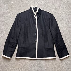 Lauren Ralph Lauren Black Linen Lady Jacket Womens 6 Button White Trim Preppy